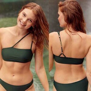 Aerie One Shoulder Beaded Bandeau Bikini Top Women XXS Green NWT